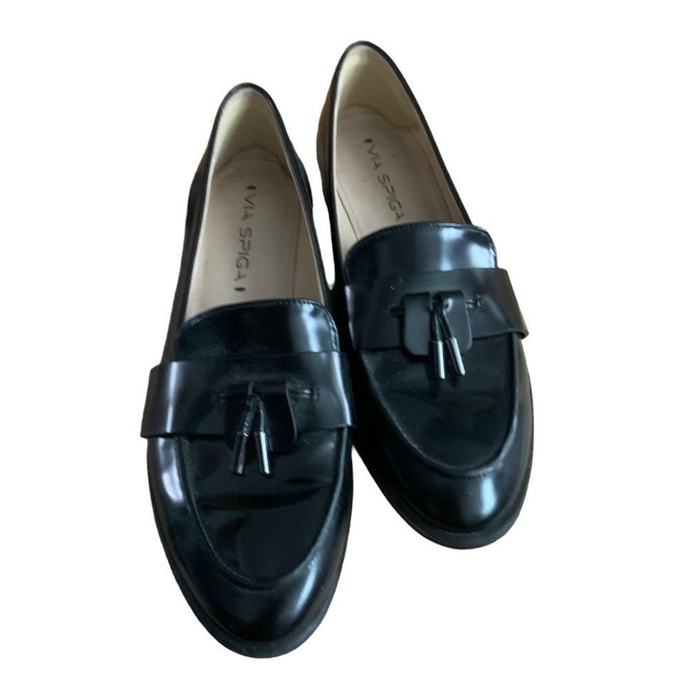 Via Spiga Women's Black Leather Tassel Flat Loafers Size 6